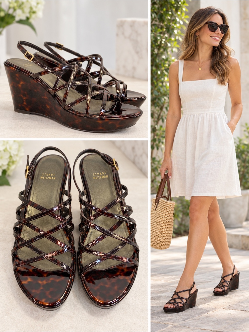 Stuart Weitzman Tortoise Patent Strappy Platform Wedge Sandals Size 8